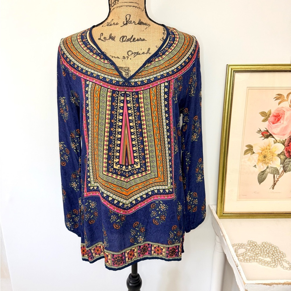 Tolani 100% Silk Blue Floral Boho Tunic Sz S